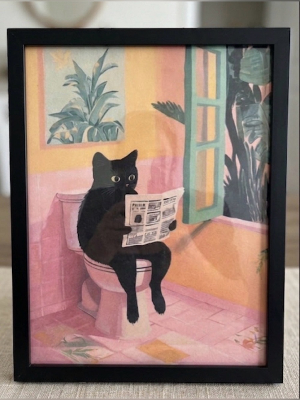 Funny black cat on toilet framed 8x10 art print